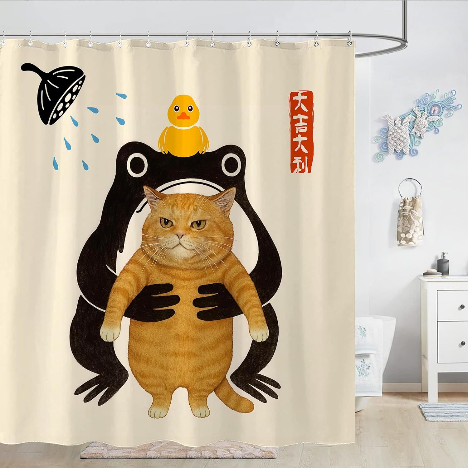 Japanese Cats Shower Curtain Set Artistic Feline Design Waterproof Bathroom Shower Curtain Elegant Animal Print Modern Home Decor 72x72 Inch