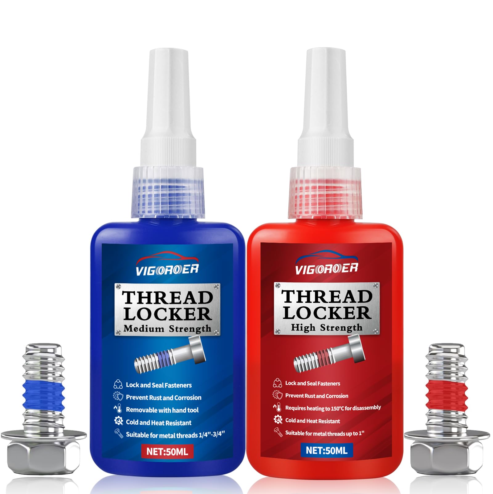 Vigorder Thread Lock Medium and High Strength, Thread Locker for Nuts, Bolts, Fasteners and Metals to Prevent Loosening and Leakage, Blue and Red