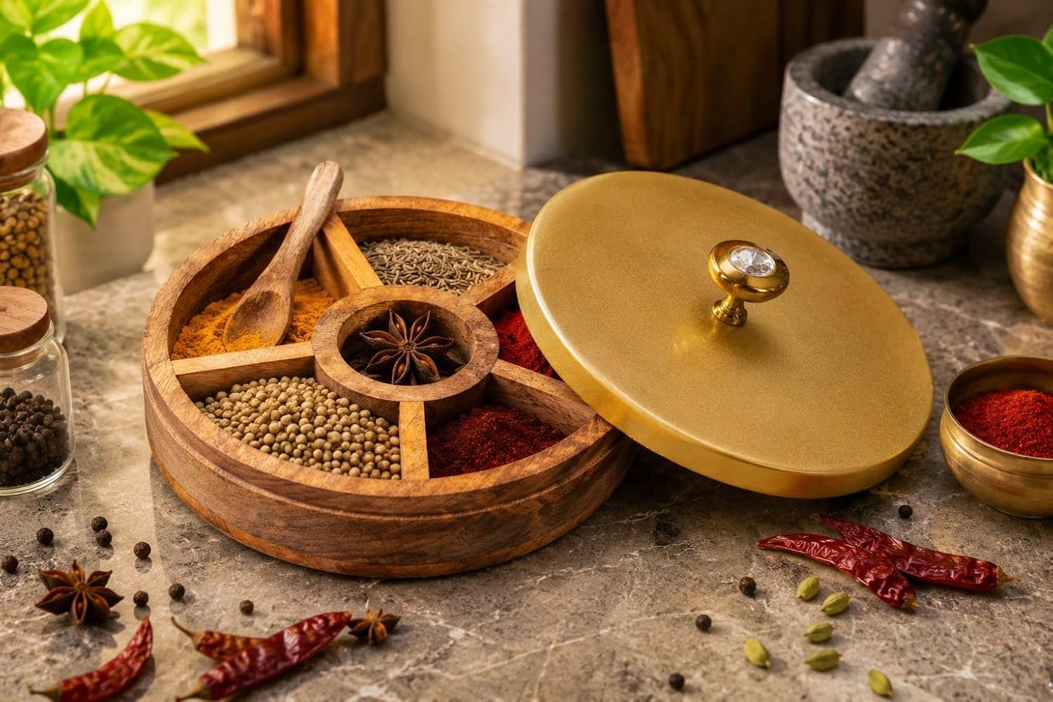 Wooden Masala Box for Kitchen | Masala Box with 5 Compartments | Wooden Spice Box | Anjarai Petti | Masala Box Wooden with Spoon | Housewarming Gift