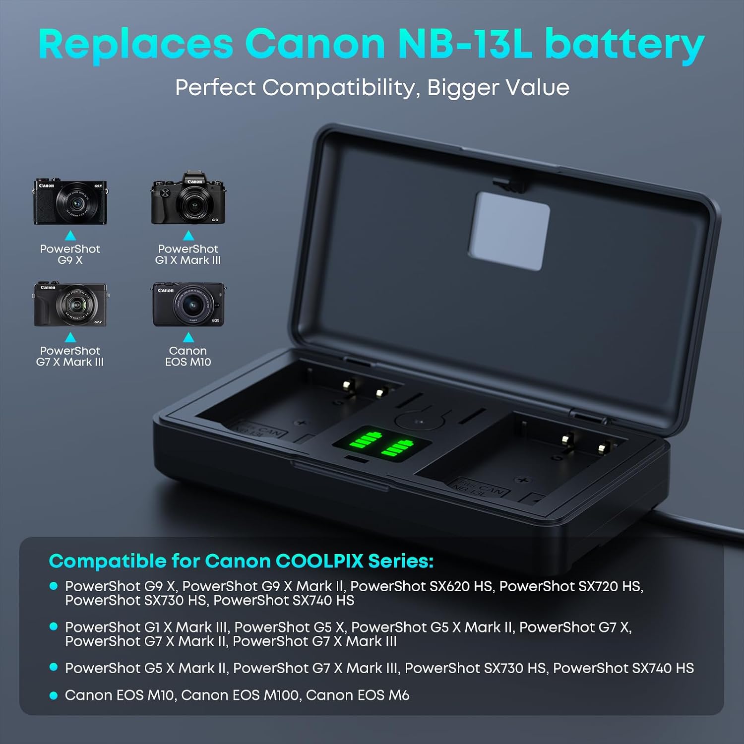 NB-13L Camera Battery Charger for Canon PowerShot, Dual Charger with LED image 3