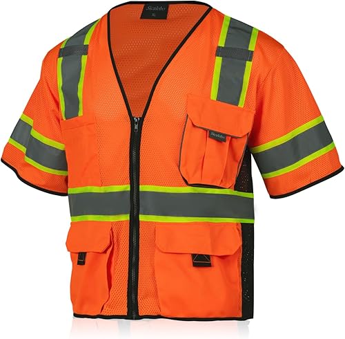 Miniatura 7 de Chaleco de malla de seguridad de alta visibilidad para hombre con 10 bolsillos, chaleco reflectante Hi Vis, clase 3, ropa de trabajo con cremallera
