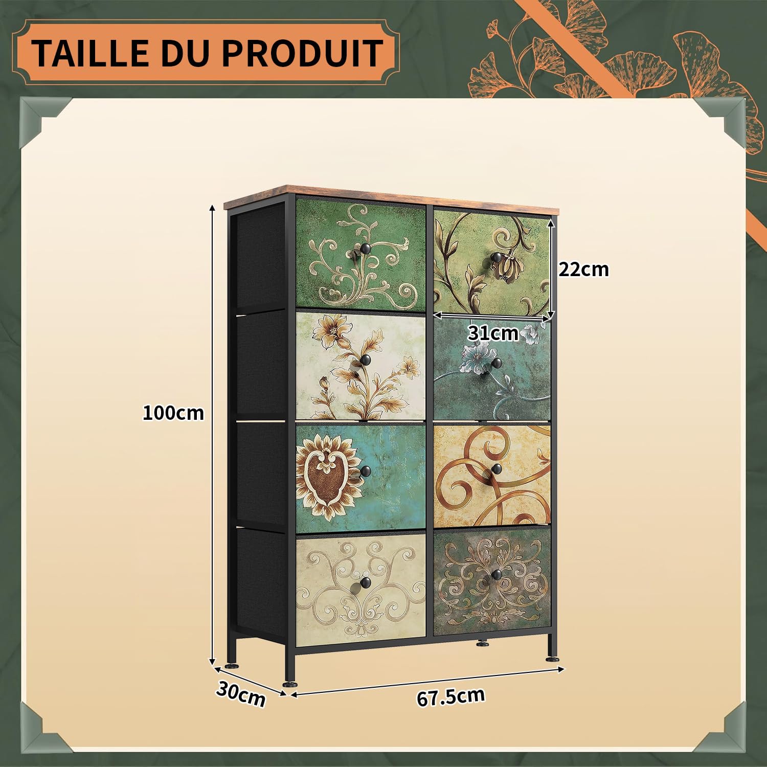 Cómoda con 8 Cajones de Tela,Cómoda para Dormitorio,Unidad de Almacenamiento,Armario de Tocador Bohemio,Cajonera Industrial con Estructura Metálica,para Salón,Pasillo,Estilo Rústico