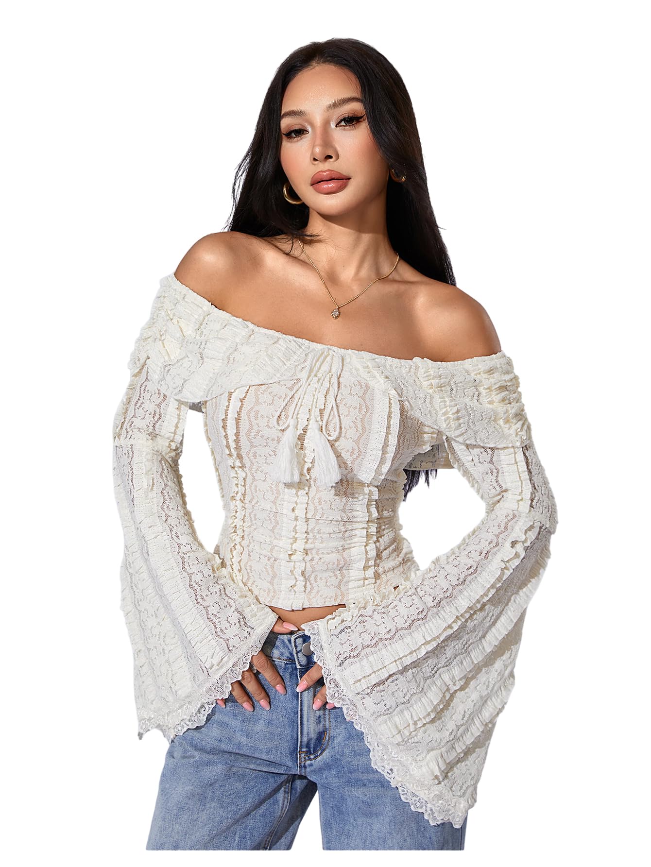 Photo 1 of MakeMeChic Women's Off The Shoulder Lace Tank Tops Going Out Bell Sleeve Crop Tops Summer Y2K Outfits White X-Large