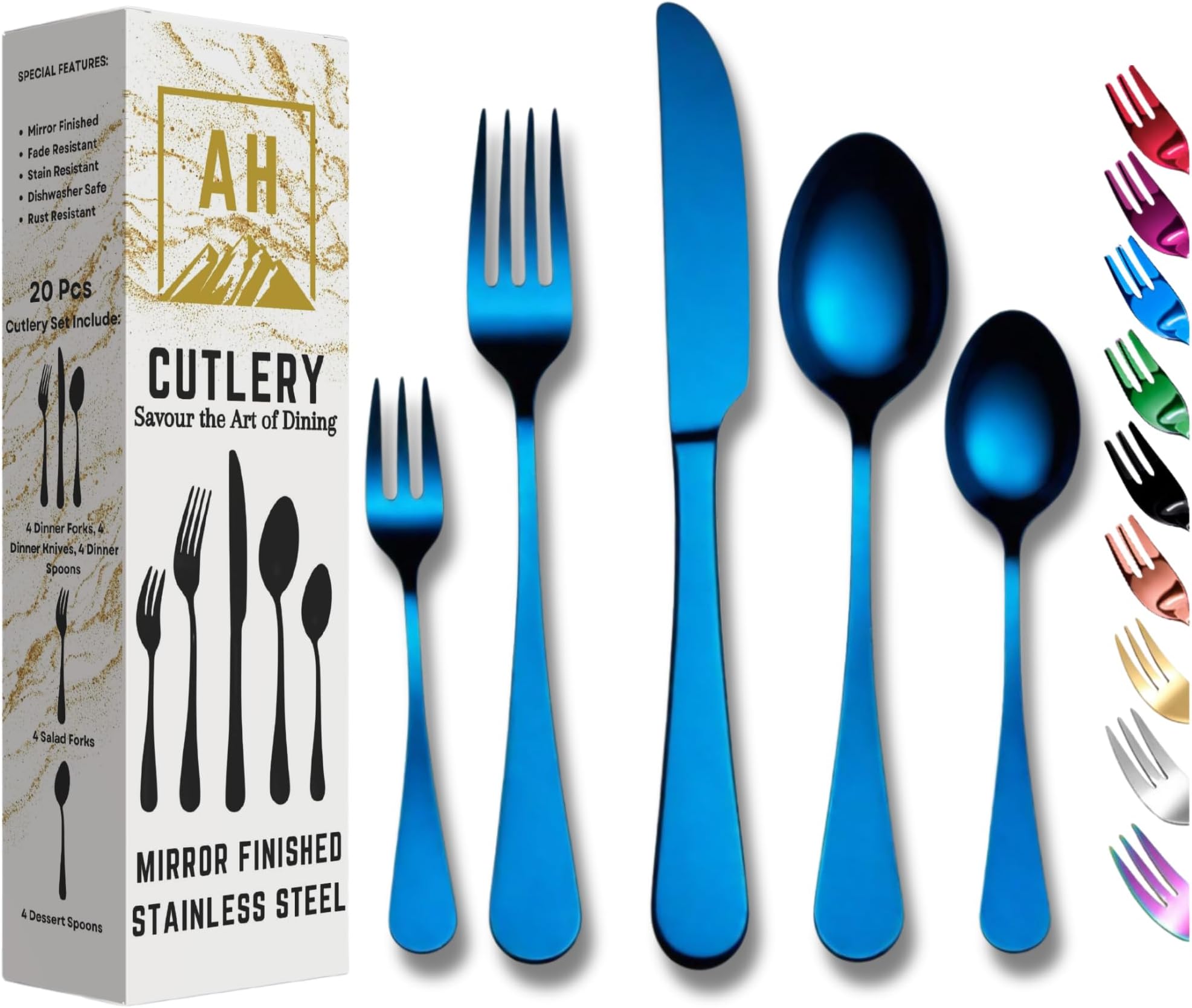 Cutlery Set in Dynamic Blue Colour: 20-Piece Set Service for 4, Premium Mirror Finish Tableware, Stainless Steel Flatware Serving Set - Dishwasher Safe Forks, Knives, and Spoons