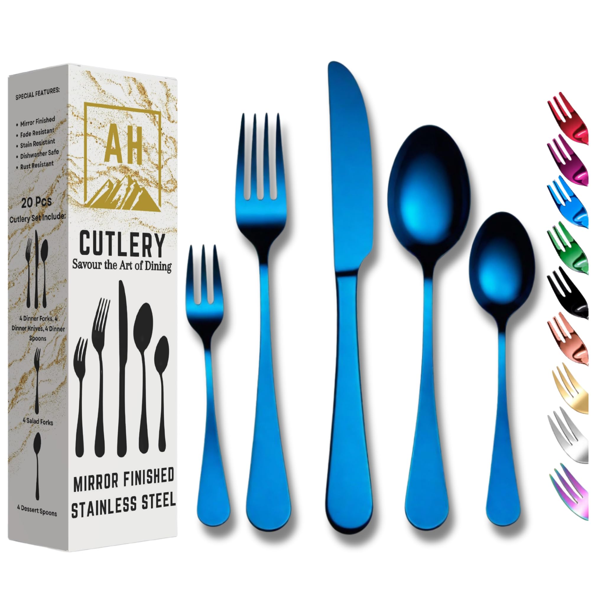 Cutlery Set in Dynamic Blue Colour: 20-Piece Set Service for 4, Premium Mirror Finish Tableware, Stainless Steel Flatware Serving Set - Dishwasher Safe Forks, Knives, and Spoons