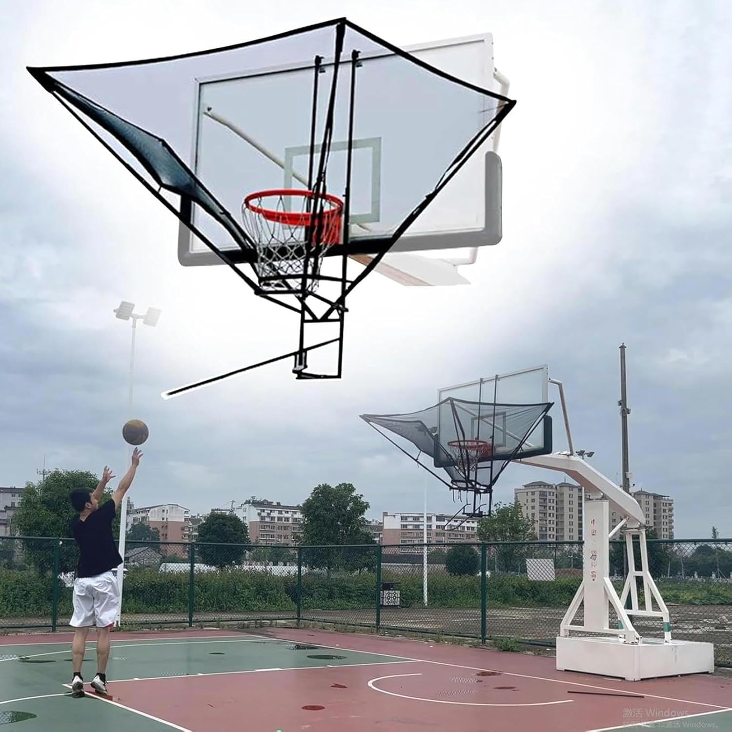 Portable Hanging Basketball Return Net System, 180° Rotatable Shot Trainer Chute for Indoor & Outdoor Hoops