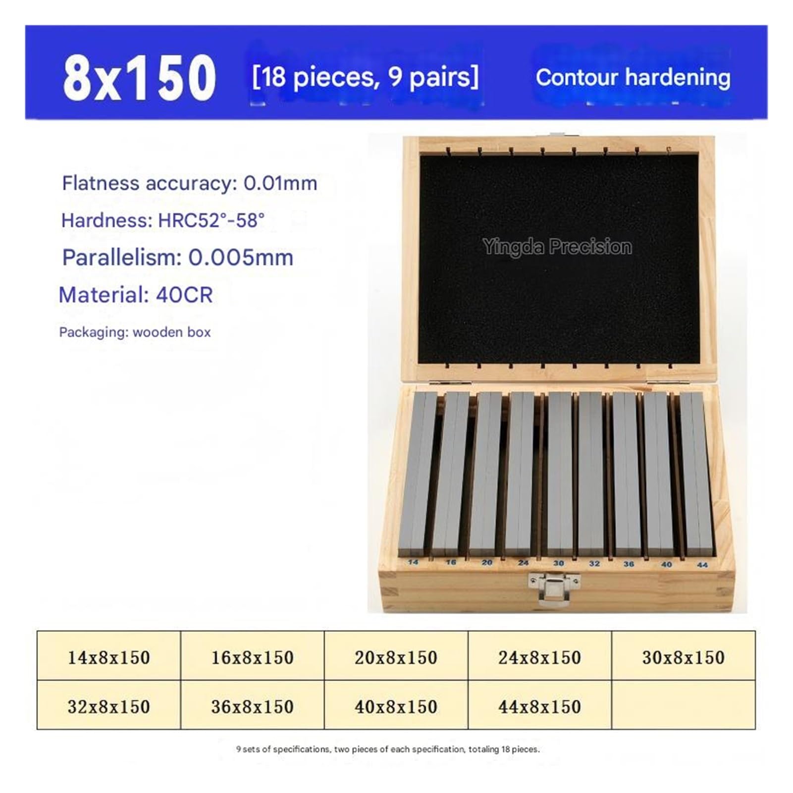 Set di tamponi for fresatura CNC da 18 pezzi 9 paia blocchetti paralleli in acciaio legato 8 * 150 14-44 mm per la metrologia professionale