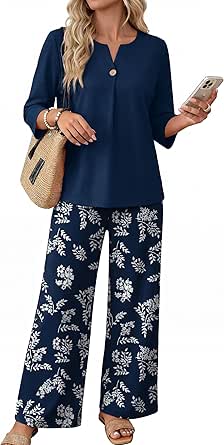 WIHOLL Two Piece Sets for Women - 3/4 Sleeve Lounge Outfits for Summer and Spring