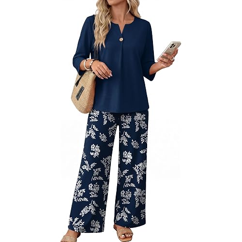 WIHOLL Two Piece Sets for Women 3/4 Length Sleeve Lounge Sets Summer Spring Vacation Travel Outfits Fashion Clothing