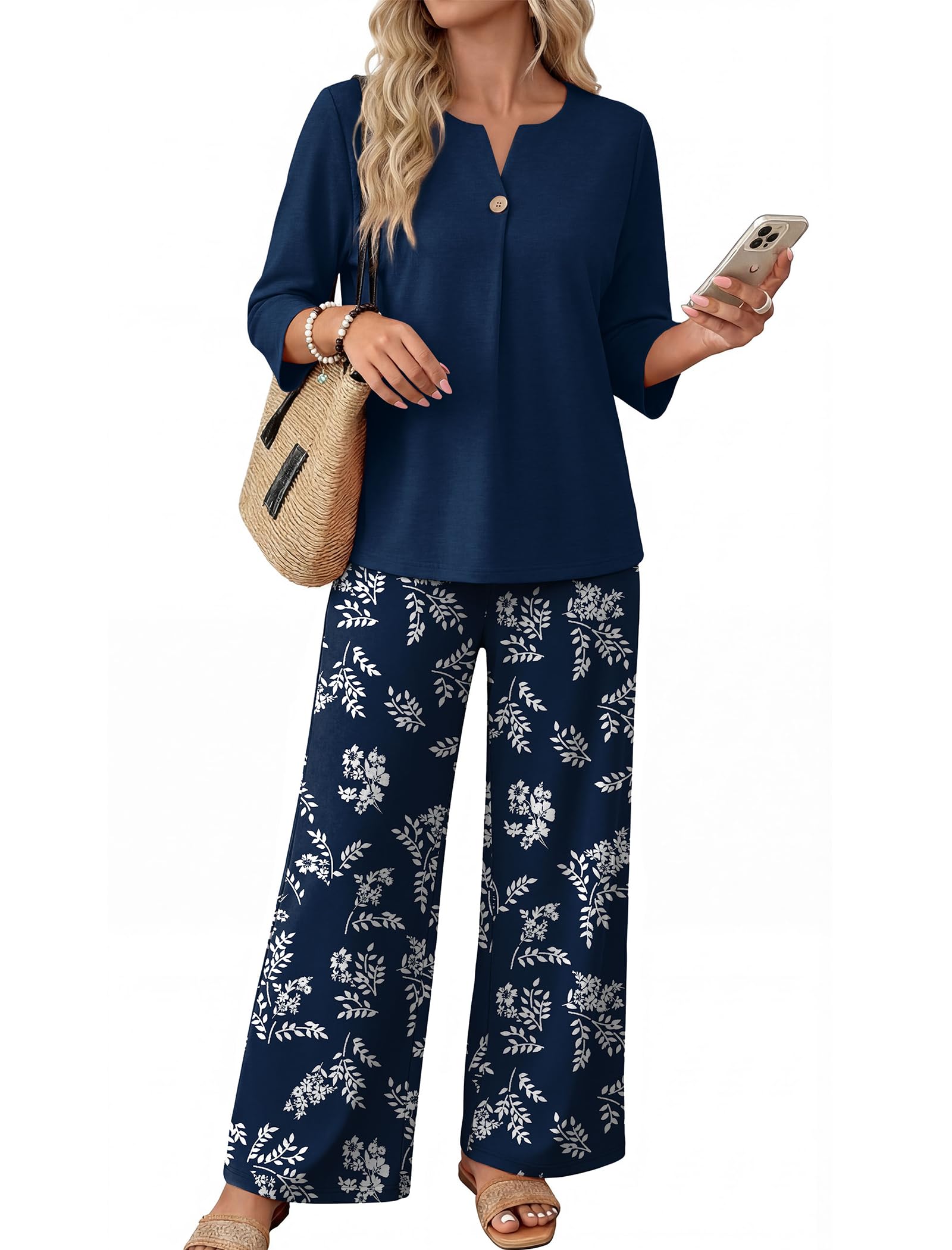 WIHOLL 2 Piece Sets for Women 3/4 Length Sleeve Lounge Sets Summer Spring Beach Vacation Travel Cruise Airport Outfits Matching Women Fashion Clothing Wide Leg Pants Set L