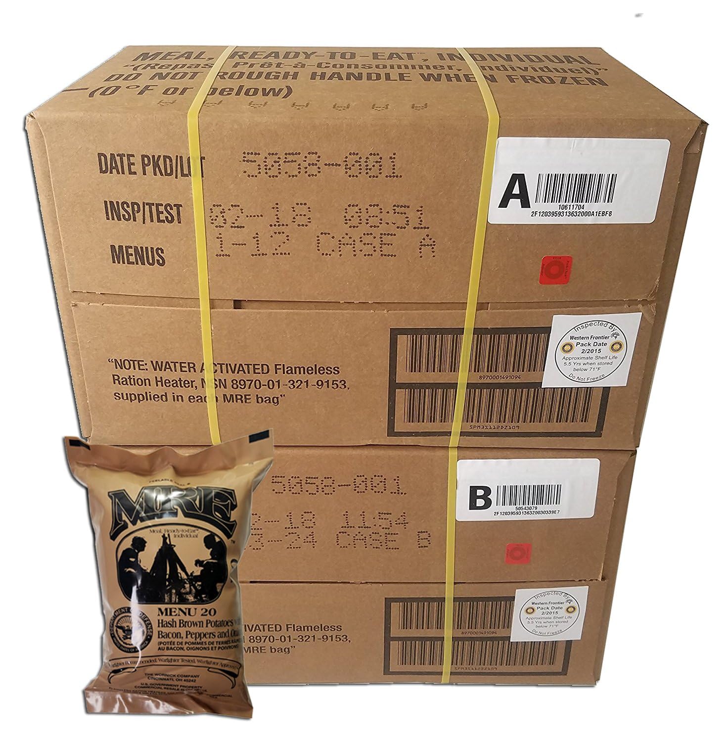 ULTIMATE MRE Case A and Case B Bundle, 24 Meals with 2018 Inspection Date. Military Surplus Meal Ready to Eat with Western Frontier's Inspection and Guarantee.