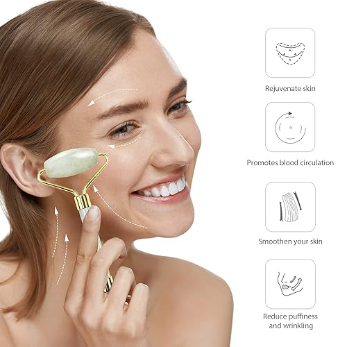 Miniatura 13 de BAIMEI - Juego de rodillo facial y Gua Sha de jade; herramientas para el cuidado de la piel y la hinchazón, color verde