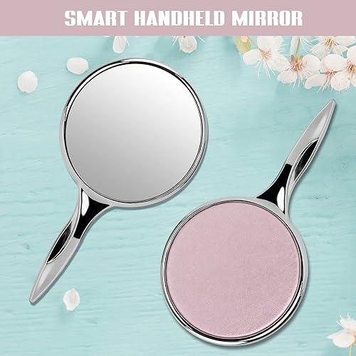 Miniatura 2 de Espejo compacto de mano con asa para niñas y mujeres, espejos de maquillaje redondos personales, espejo cosmético de viaje portátil, rosa y plateado