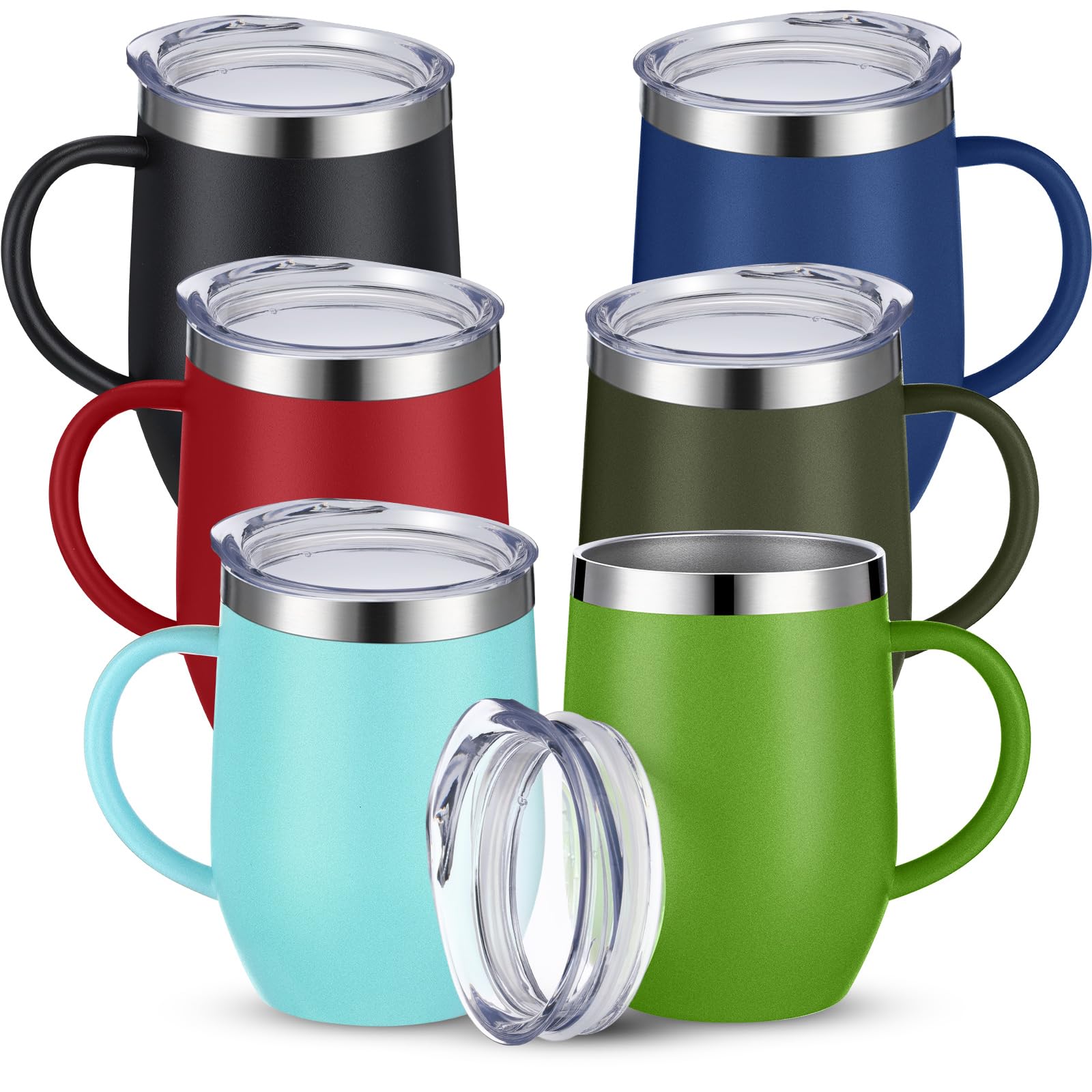 Suclain 6 tazas de café aisladas de 12 onzas con asa, de acero inoxidable, taza de café aislada a granel, taza de viaje de doble pared al vacío con tapa deslizante, taza térmica de viaje (colorido)