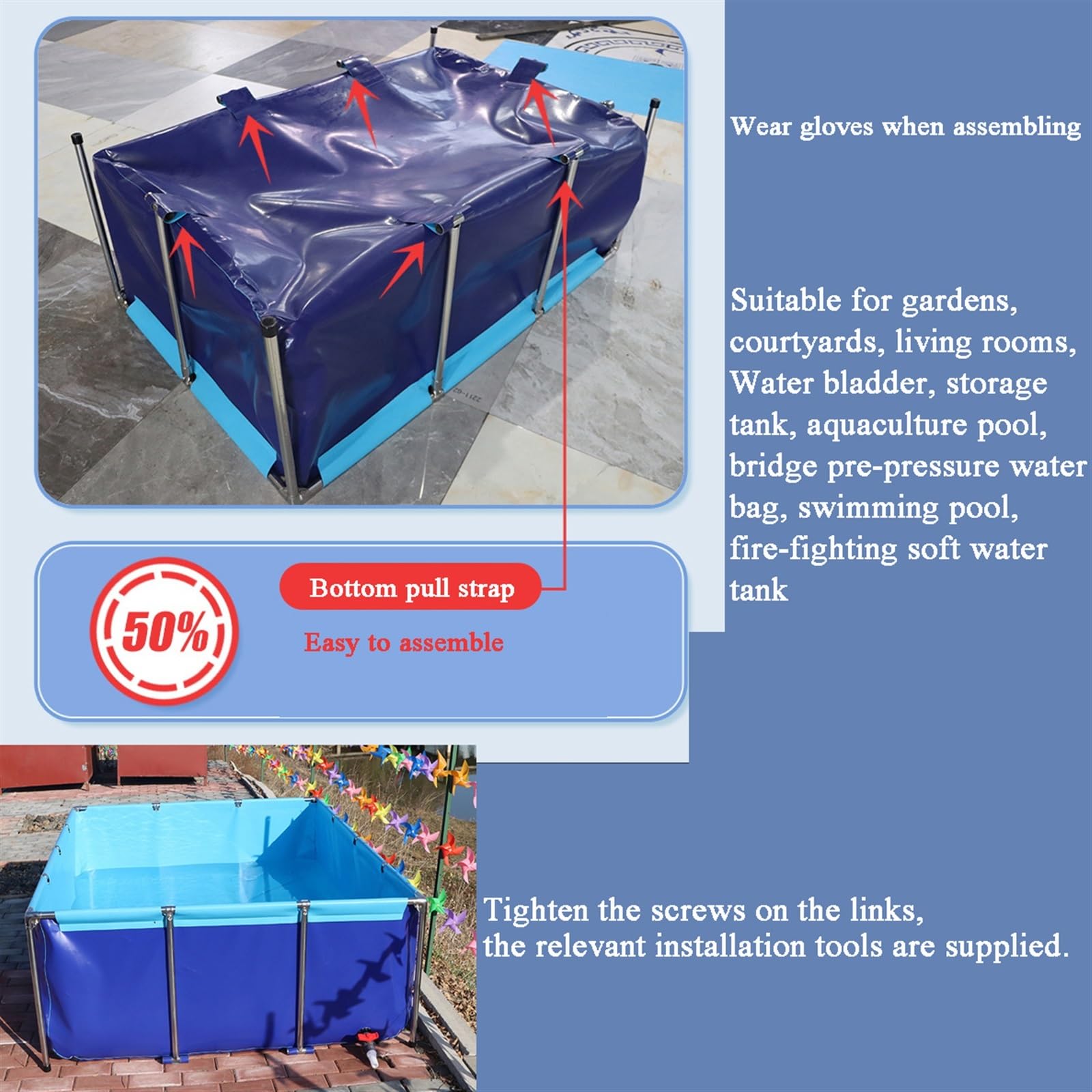 Générique Akwarium na koi z PVC z kranem spustowym - przenośny basen do obserwacji ryb, podlewania ogrodu i przechowywania wody na zewnątrz (0,8 m x 0,6 m x 0,3 m)