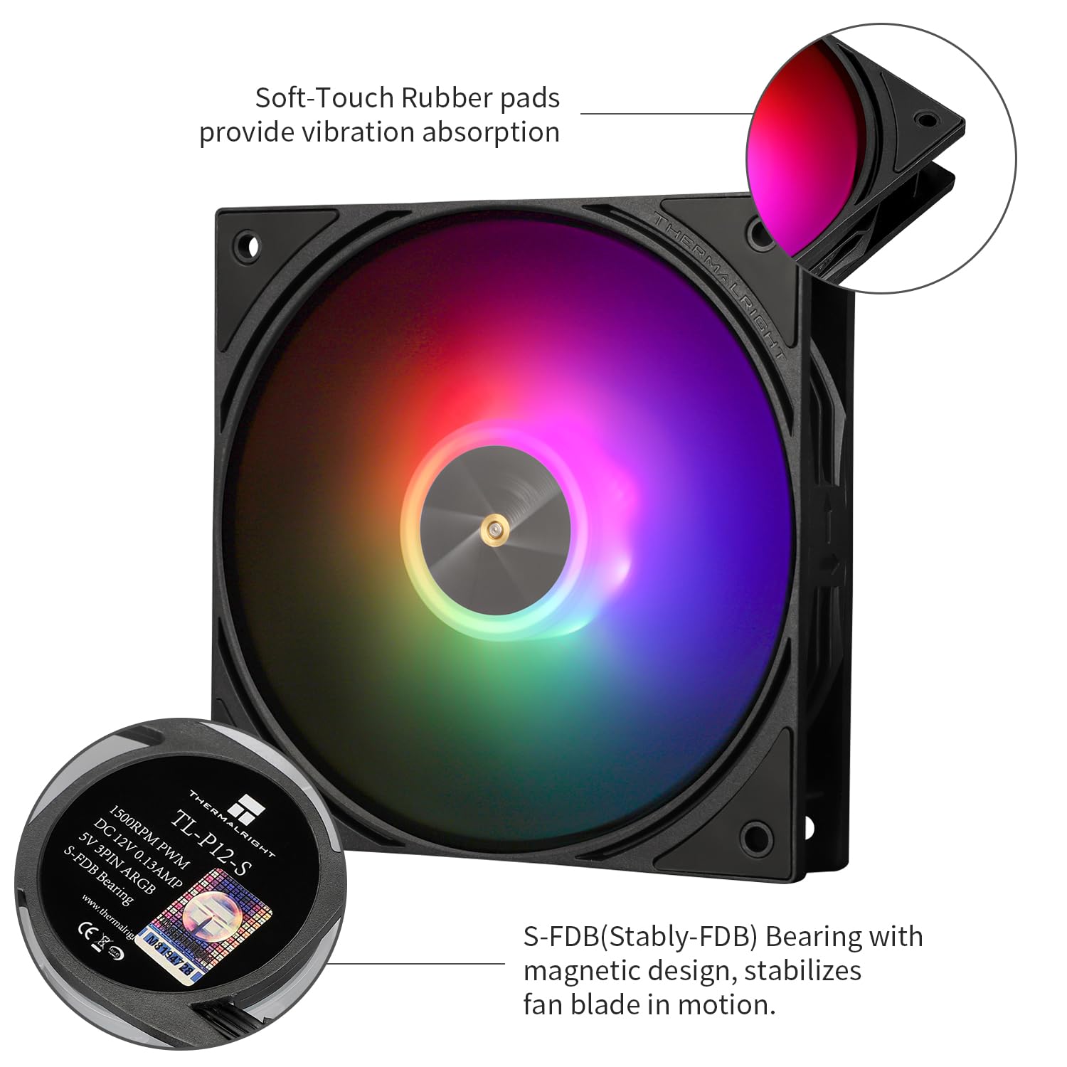 Thermalright TL-P12-S fan with soft-touch rubber pads and S-FDB bearing details