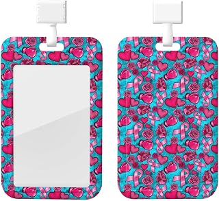 Breast Cancer Awareness Pink Ribbon Rose ID Badge Holder, Easy Slide Badge Reel with Clear Window & Lanyard for Office, Security, Hospital Staff