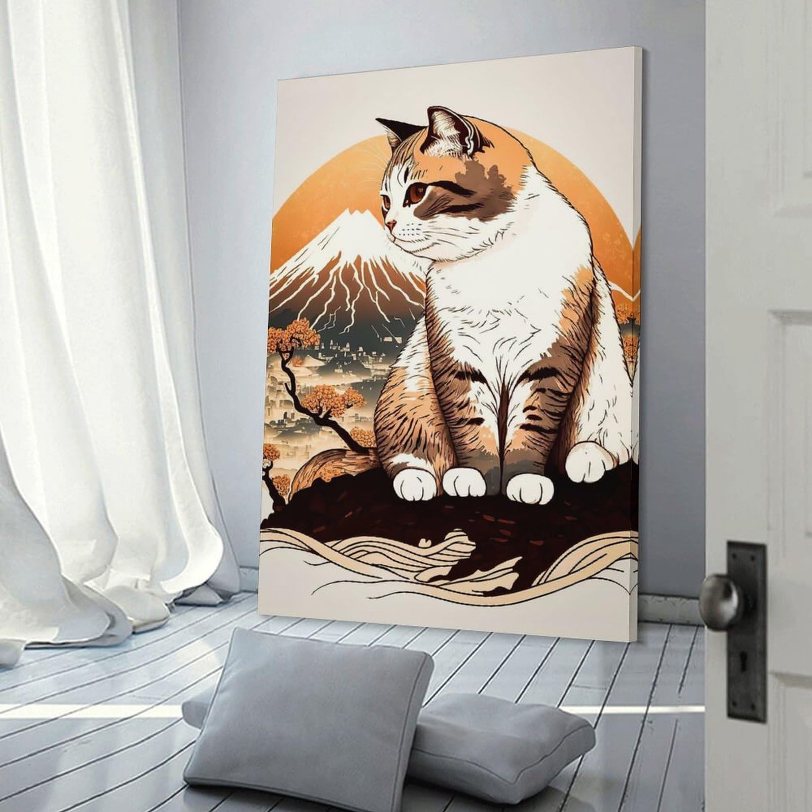Junmoney Frame-Style-23 Canvas Wall Picture Cat Cherry Blossom Japan, 24X36inch(60X90cm), For Sofa Walls, Lounge Or Home Corners, Canvas Styling For A Polished Room Look