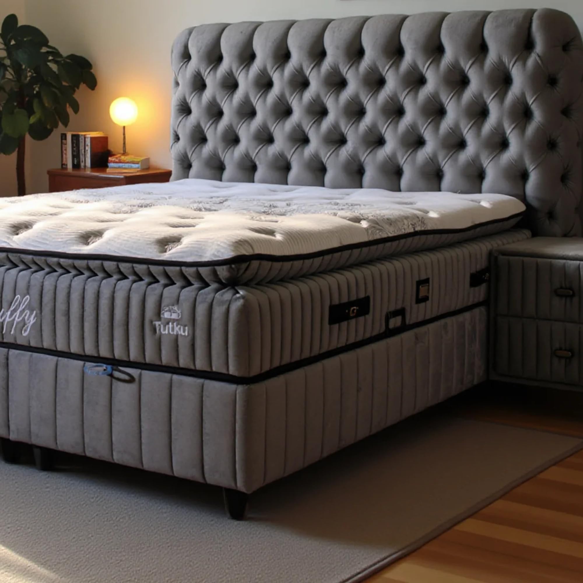 Fluffy Boxspringbett 180x200 cm mit Matratze & Bettkasten | Bett mit Stauraum - Komplettset mit 7-Zonen Orthopädischer Matratze mit Topper – Allergenfrei, Atmungsaktiv | Liegehöhe 67 cm (Grau)