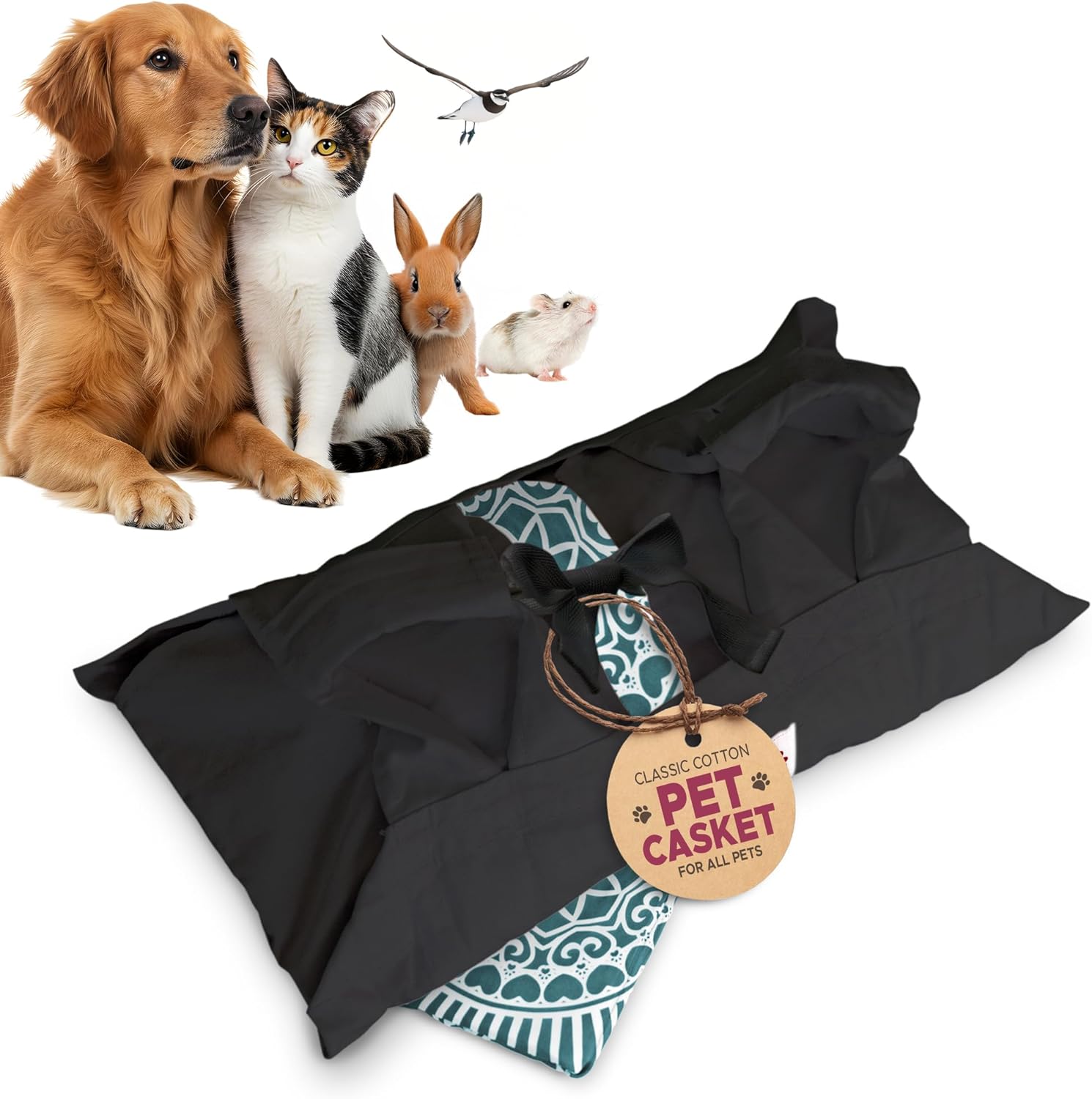 Cocoon - Eco-Friendly Pet Casket - Burial & Cremation Ceremony Kit (Classic Cotton) - for All Pets - Dogs Cats Rabbits Birds & More (Choose Size & Color) (Small, Black/Teal Green)