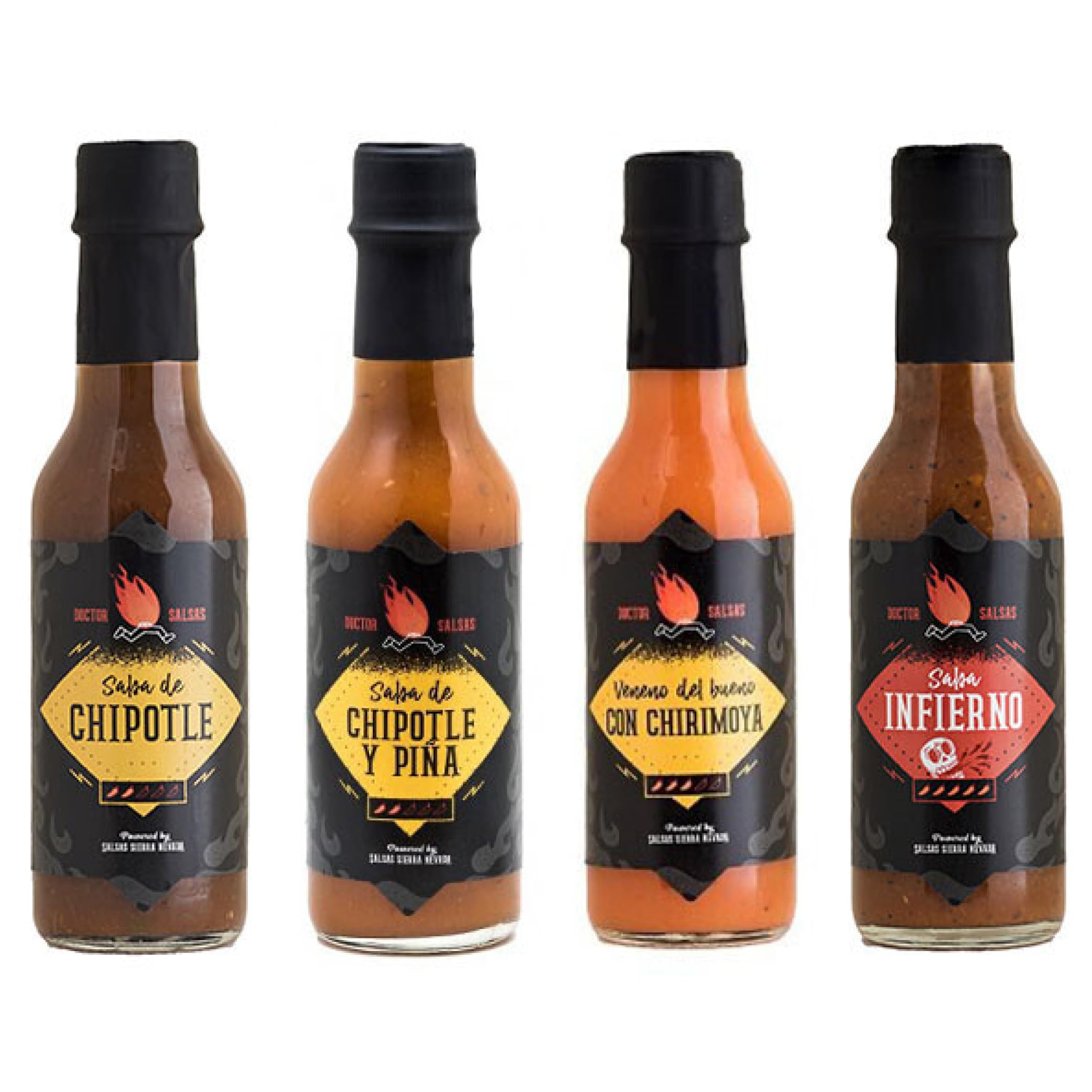 Salsa Extra Picante R.I.P Pack 4-4 Salsas de 125ml - Chipotle-Piña, Chipotle, Salsa del Infierno, Veneno del Bueno con Chirimoya