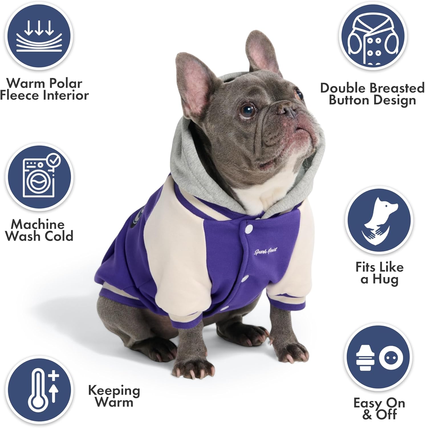 Spark Paws Varsity Dog Hoodie – Premium Dog Sweater for Small, Medium, and Large Dogs | Warm Clothes for Pets, Winter Jacket Alternative - Purple - 5XL