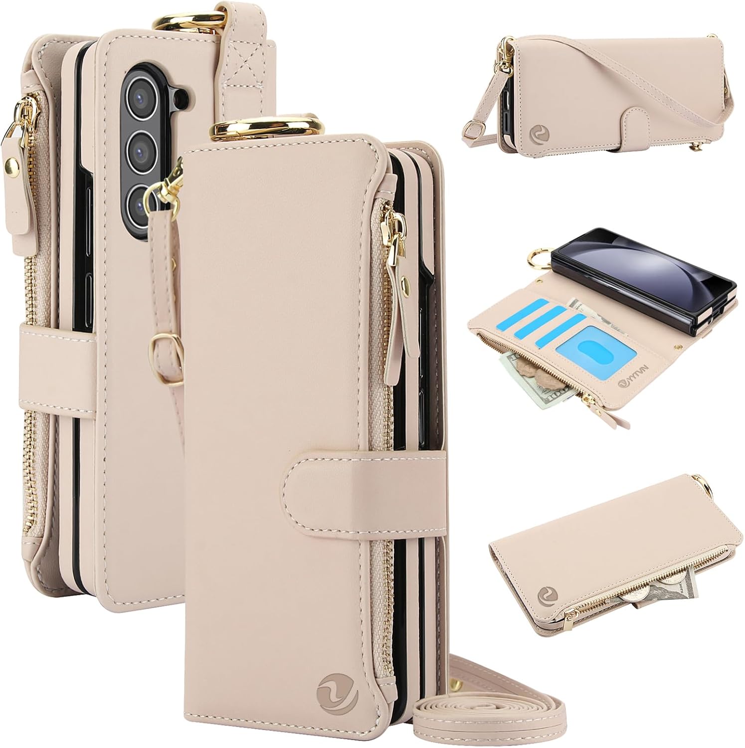 for Samsung Galaxy Z Fold 5 Case Wallet with RFID Blocking Card Holder and Shoulder Strap Wrist Strap, Multi-Function Stylish Ring Zipper Purse Case for Galaxy Z Fold 5, White