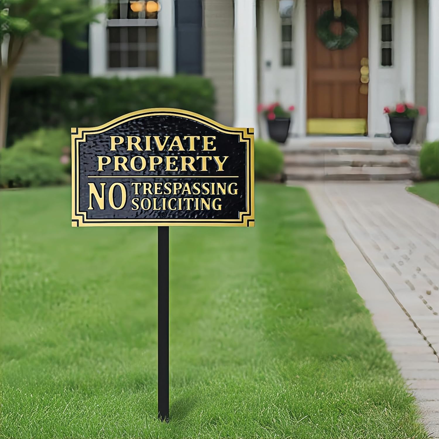 No Trespassing Signs Private Property - No Soliciting Sign with 32" Lawn Stake, Heavy-Duty Aluminum 11x7 Inch, for Yard, Garden, House, Farm (A602)
