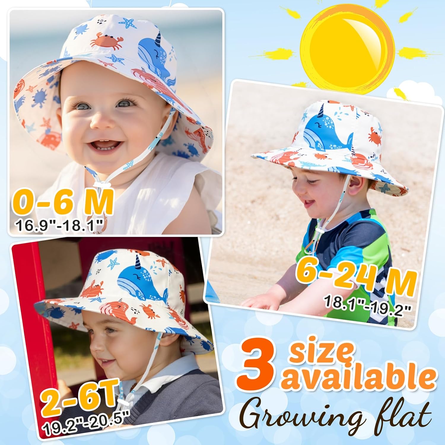 Baby Sun Hat Kids Summer UPF 50+ Toddler Bucket Hat Wide Brim Adjustable Beach Hats for Boys Girls Age 0-6 Years - Image 7