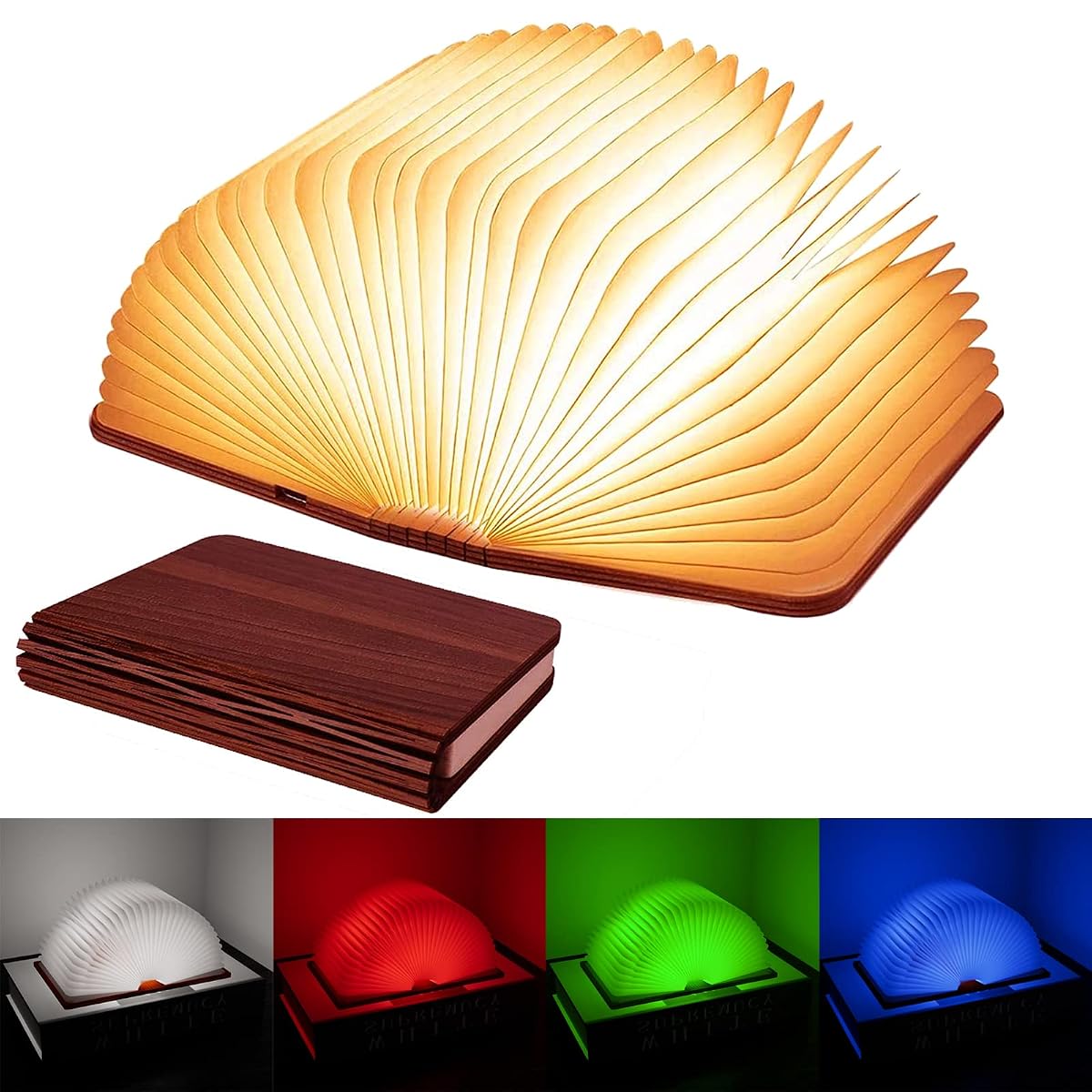 Vergissm Wooden Book Light - Upgraded 5 Colors, 360° Folding LED Paper Lantern