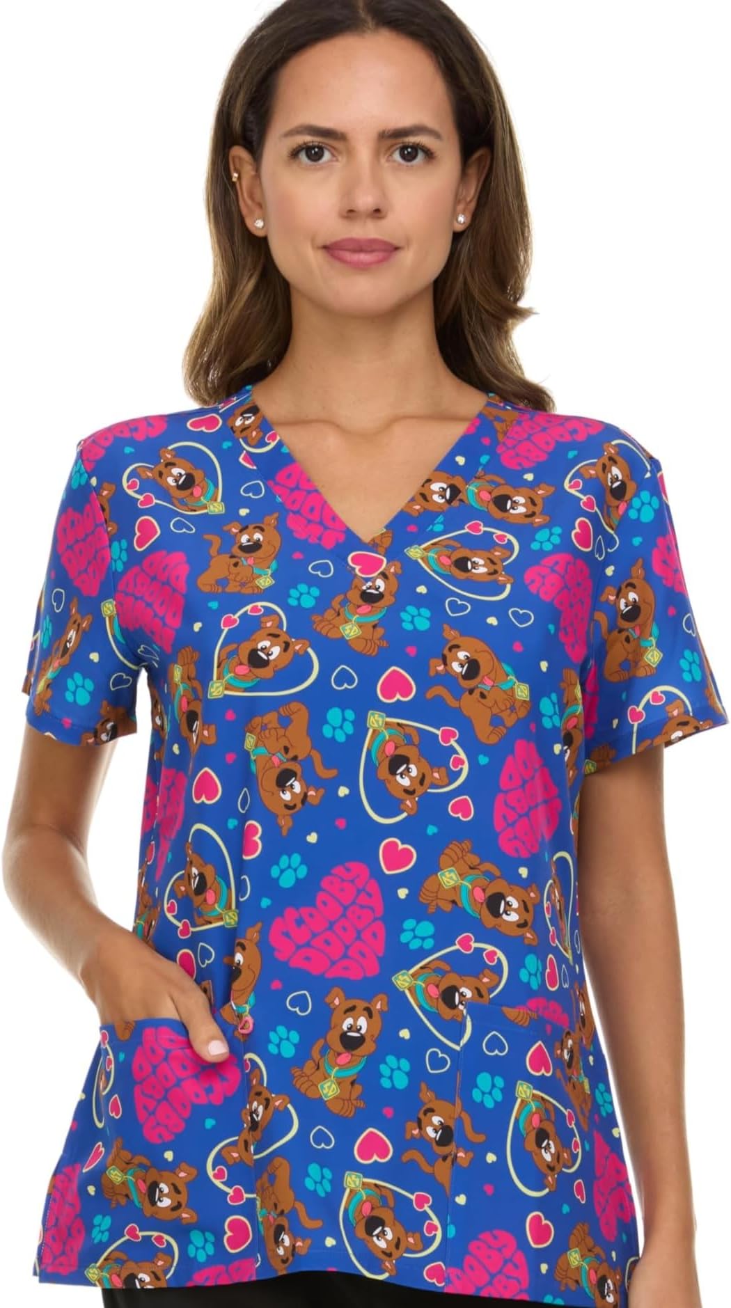 COCO BRANDS Scooby-Doo Women's All Over Print, V-Neck Scrub Top with Pockets - Comfortable Work Uniform