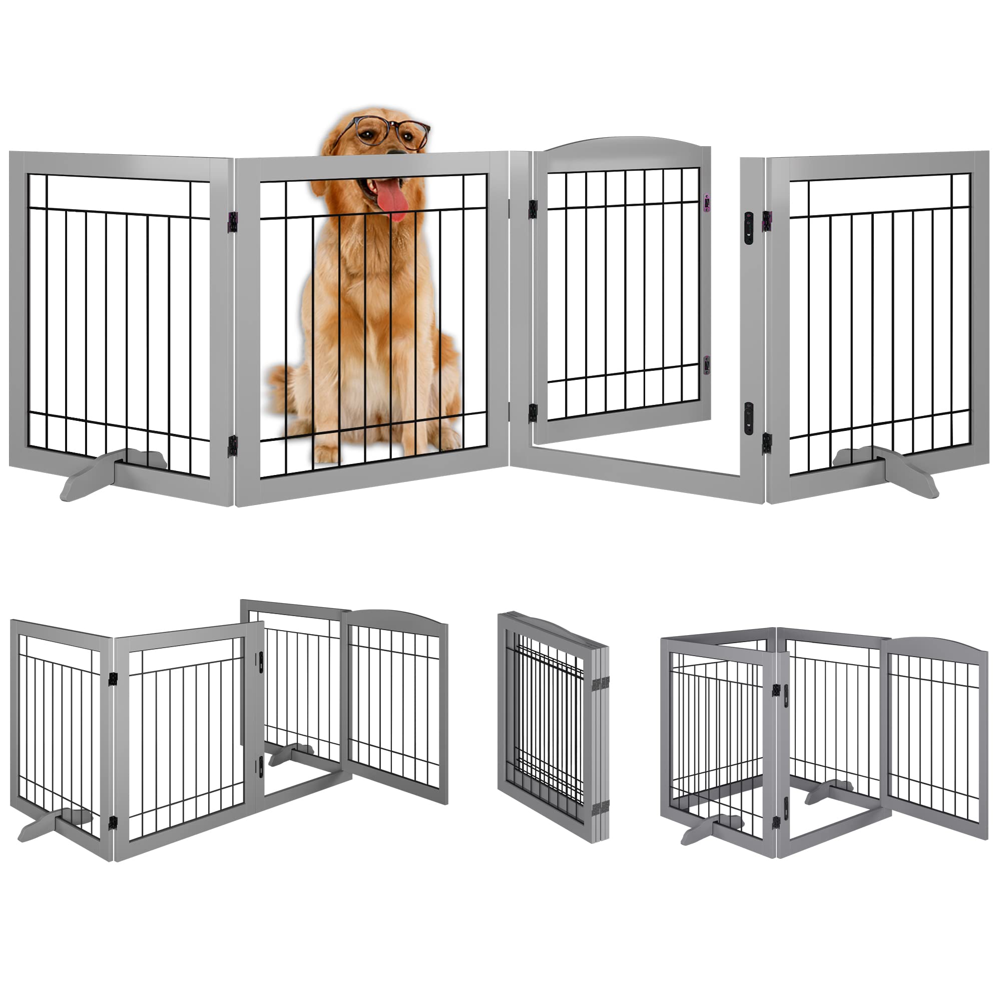 Vantas Folding Pet Gate 96" Wide, 30" Tall No-Assembly Wooden Dog Gate with Door Walk Through, Freestanding Wire Pet Gate, Pet Puppy Safety Fence, with 2PCS Support - Gray