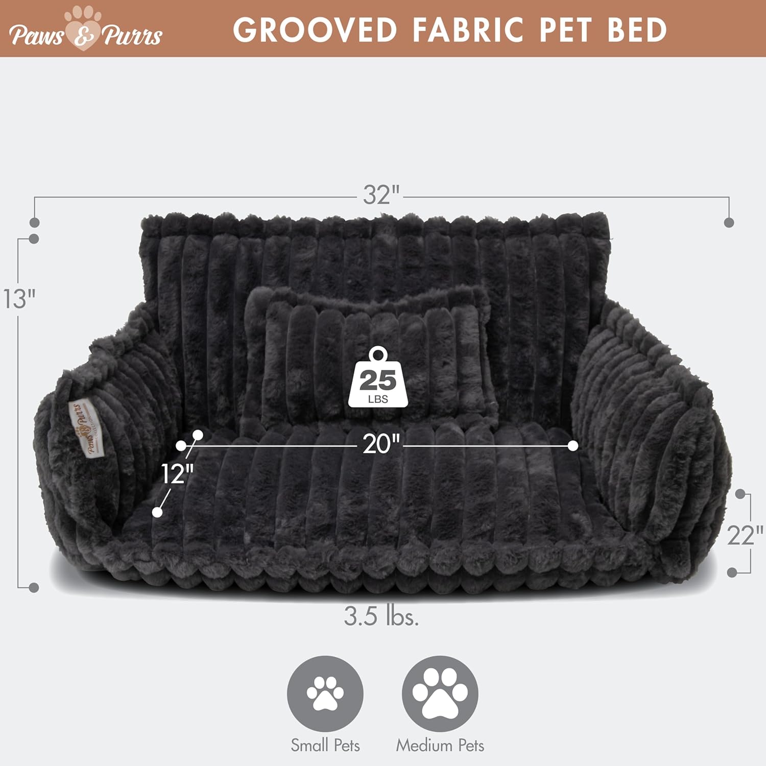 Grooved Pet Bed for Small to Medium Dogs or Cats, Soft Ribbed Corduroy-Style Polyester Fabric, Supportive Bolsters, Removable Cover, Non-Slip Base, Sofa Pet Lounger with Mini Play Cushion, Dark Gray