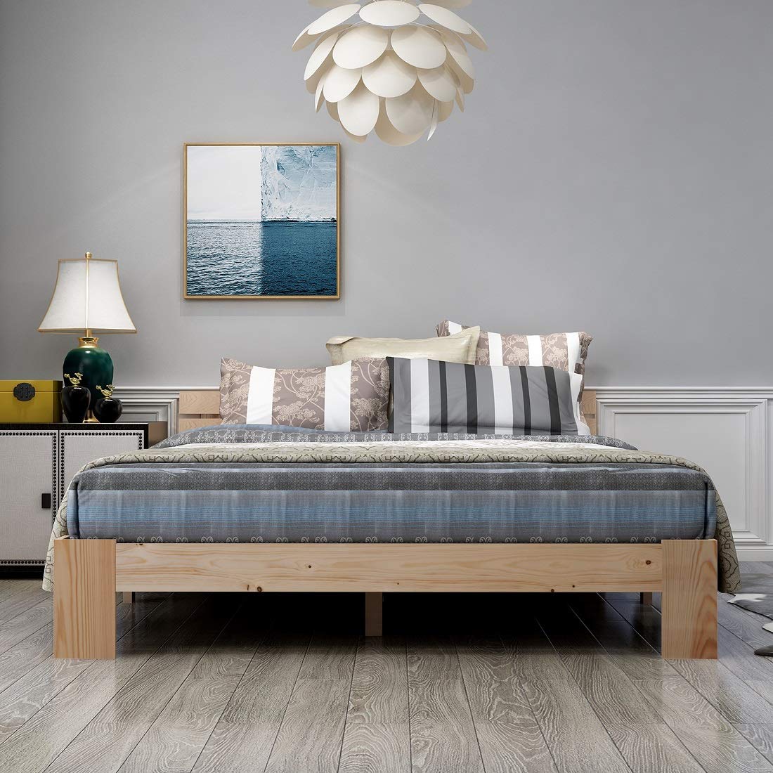 Merax Massivholzbett Holzbett Doppelbett, Bettrahmen aus Holz mit Kopfteil und Lattenrost, 140 x 200 cm, Holzlattenunterstützung, Stauraum unter dem Bett, Schlafzimmermöbel, Eichefarbig