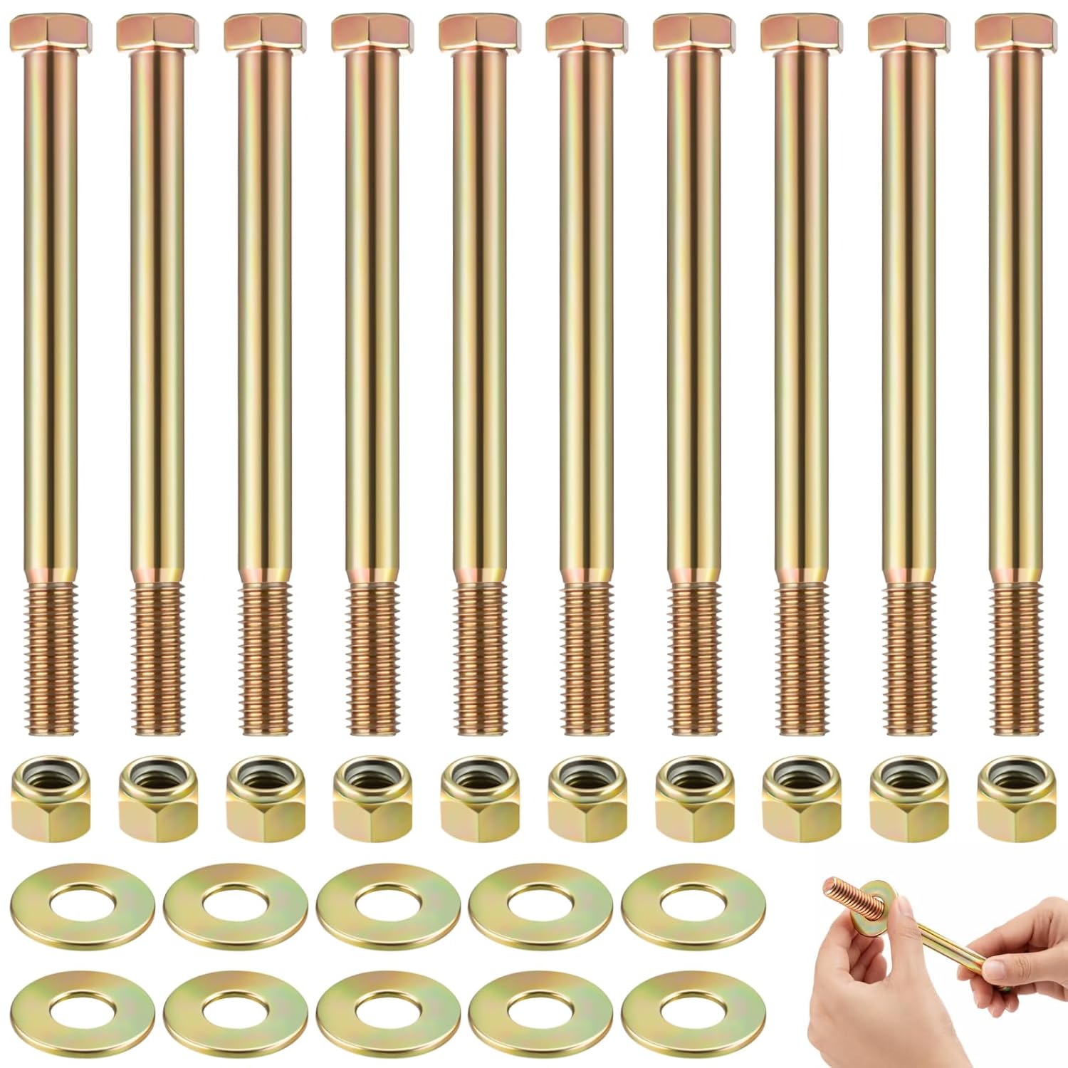 Hicarer 10 Sets 1/2'' x 6'' Hex Head Bolts Color Galvanized with Nylon Lock Nut and Large Size Washer Kit, Alloy Steel