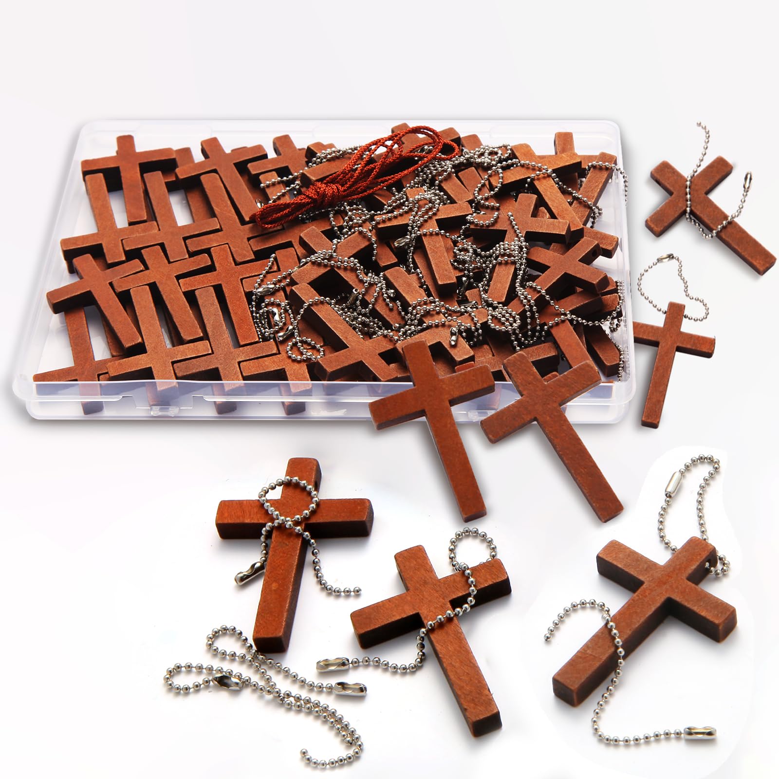 Gtudkae 1 Box Wooden Pocket Cross Contains 70 Cross Charms and 70 Chains, Pure Natural Wooden Crosses Pendants for Church Praying,Easter, Christian Gifts, Crafts for DIY Jewelry, Keychains
