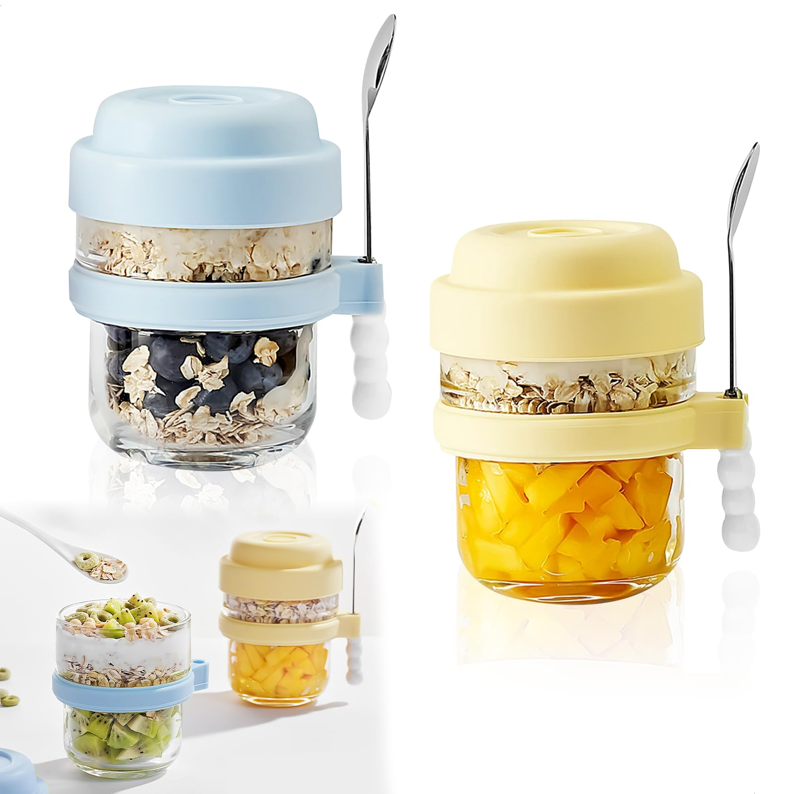 Overnight Oats Jar 2 Pezzi, Contenitori Vetro per Alimenti con Coperchio e Cucchiaio, 440ml Meal Prep Contenitore Vasetti per Yogurt Riutilizzabile, per Avena, Vasetti per Budini, Insalate, Marmellate