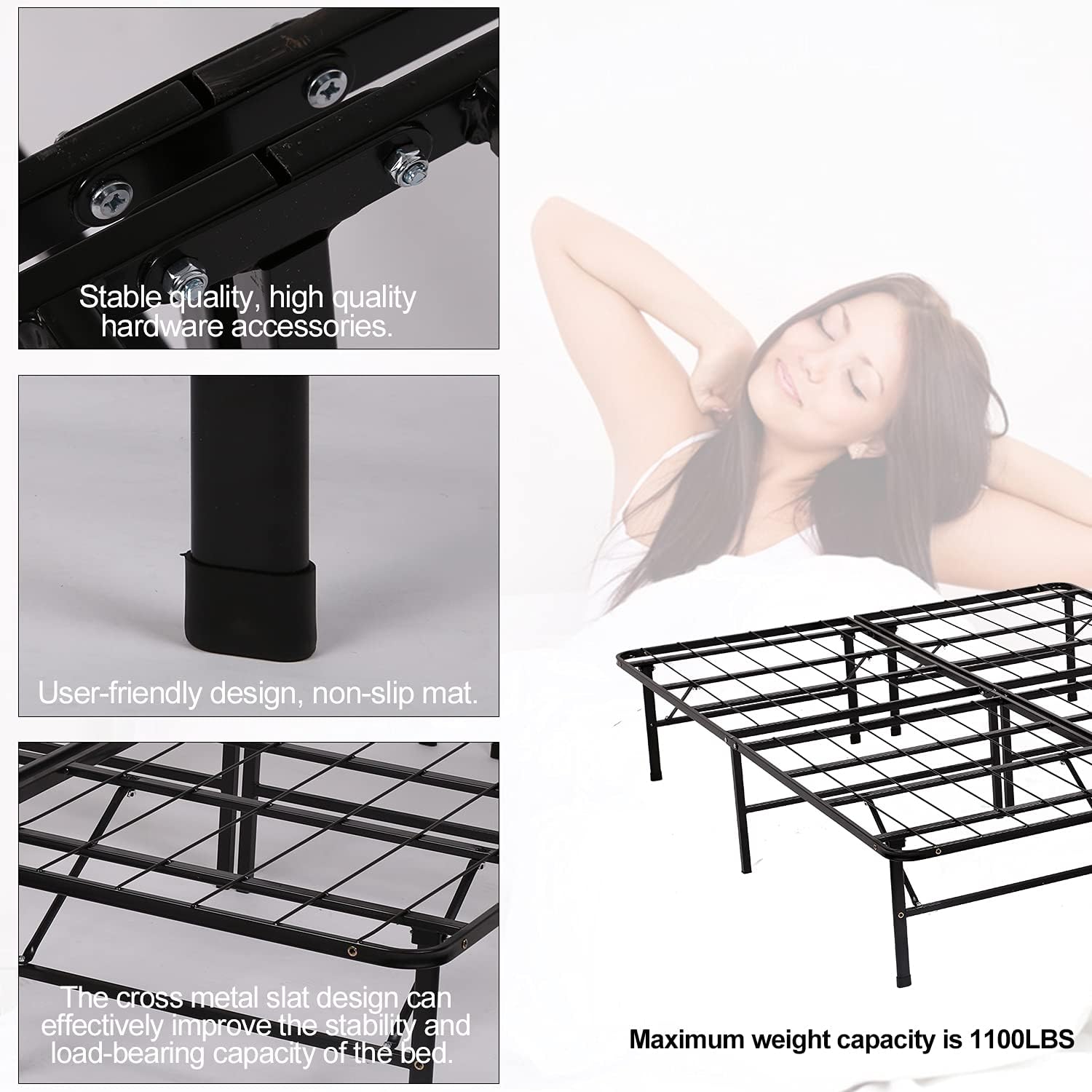 Bed Frame Full Size Heavy Duty Non-Slip Bed Frame with Steel Slat Support Durable and Strong Platform Metal Bed Frames Mattress Foundation No Box Spring Needed Noise-Free Underbed Storage