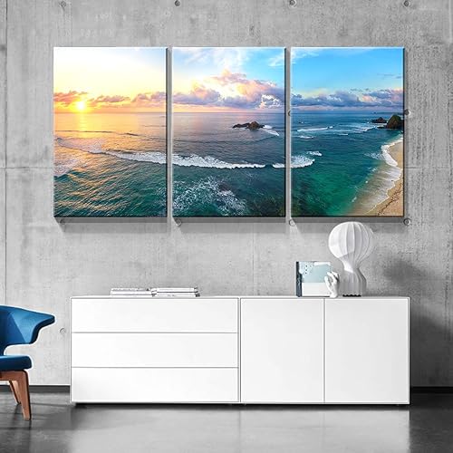Miniatura 32 de Denozer - Lienzo decorativo de 3 paneles para decoración del hogar, mar azul, puesta de sol, blanco, playa, pintura, impresión sobre lienzo, paisaje