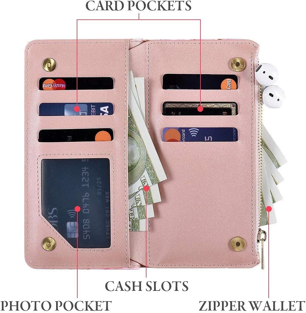 UEEBAI Wallet Case for iPhone 12/iPhone 12 Pro 6.1 inch, Premium PU Leather Magnetic Closure Handbag Zipper Pocket Case Kickstand Card Slots with Hand Strap Shockproof Flip Case - Pink&Purple