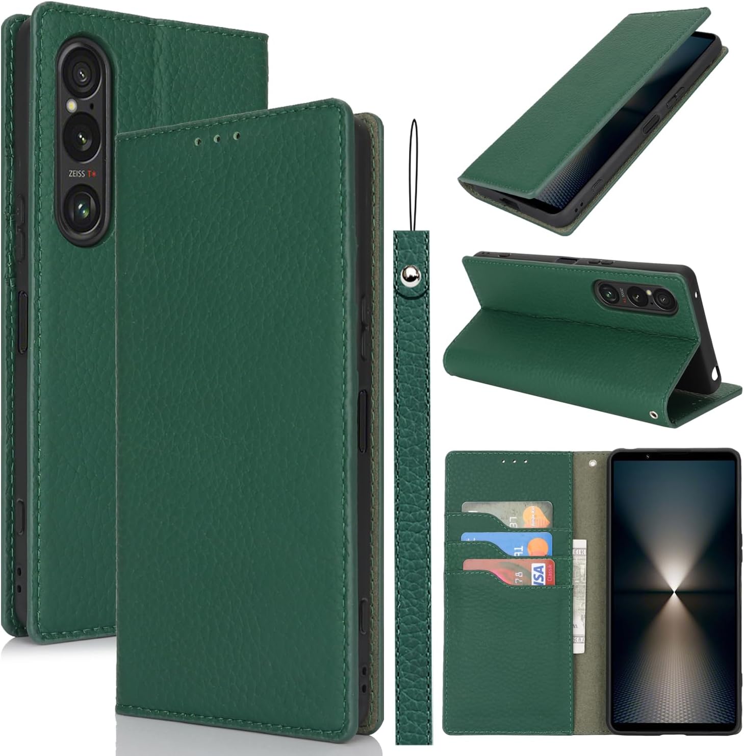 Phone Case compatible with Sony Xperia 1 VI Case with Strap,Genuine Leather Flip Wallet Case,[3 Card Holder][Magnetic][RFID-Blocking] Protective Case Cover - Dark Green