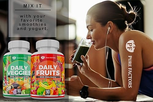 Miniatura 5 de Suplemento diario de frutas y verduras con ashwagandha, raíz de remolacha y saúco - 90 frutas y 90 cápsulas de verduras hechas con alimentos