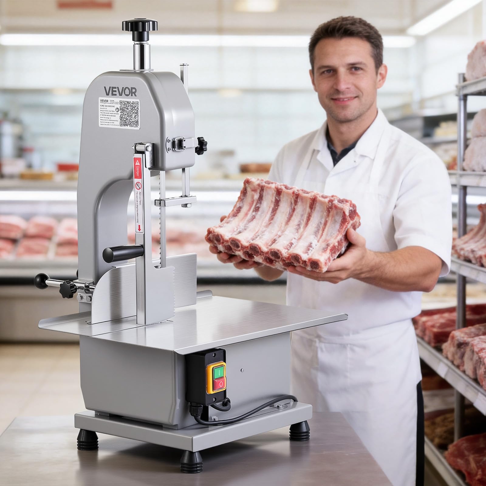 VEVOR Elektrische Fleischbandsäge 1100 W, Knochenschneidemaschine mit Arbeitsfläche (315 x 460 mm), Schnittstärke (0-110 mm) und 7 zusätzliche Ersatzklingen, für Gefrorenem Fleisch, Schweinefleisch