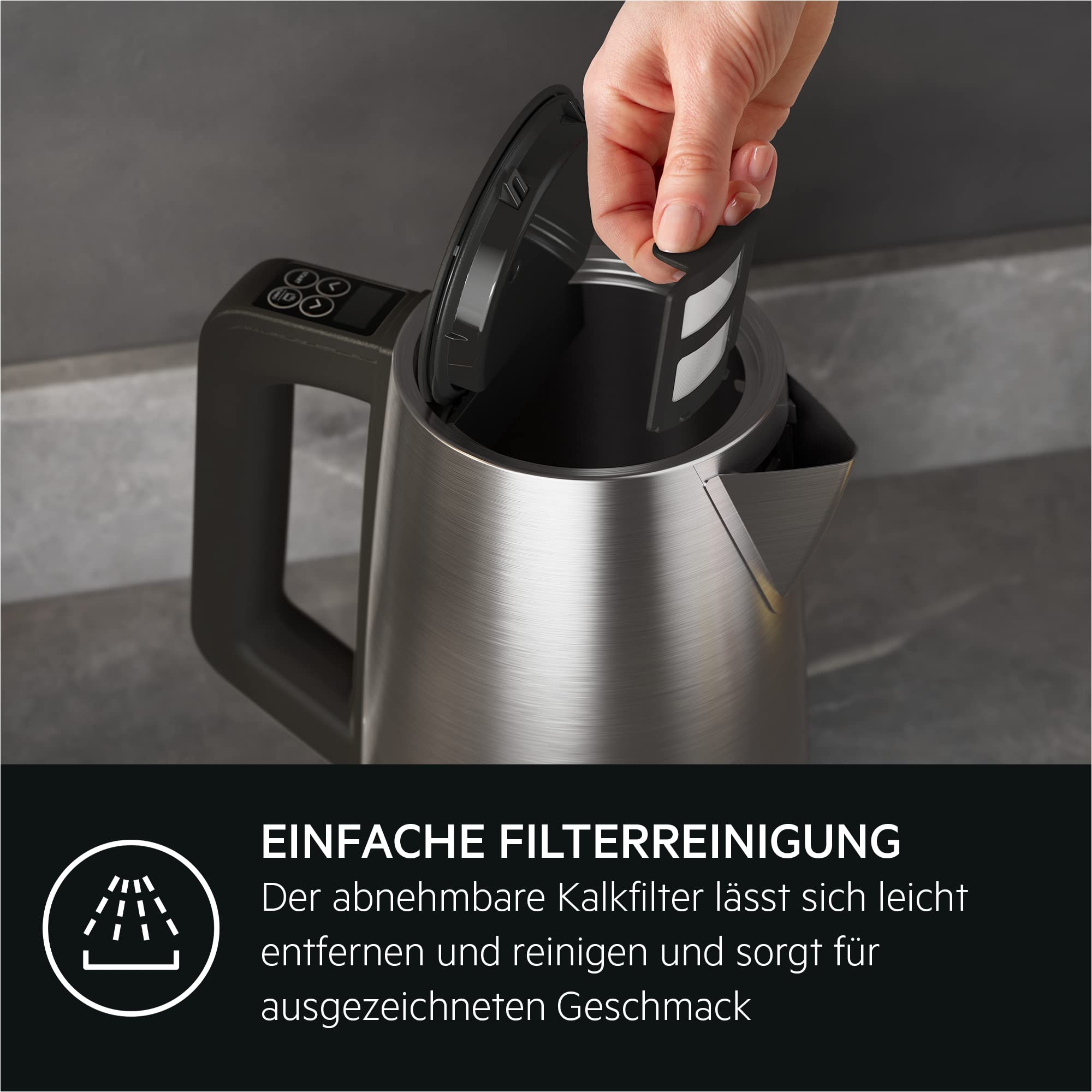 AEG Wasserkocher Deli 5, 2400 Watt, 5 Einstellbare Temperaturstufen, 1,7 l, 3-fache Automatische Sicherheitsabschaltung, Anti-Tropf- und Warmhaltefunktion, Einhand-Deckelöffnung, Edelstahl, K5-1-6ST