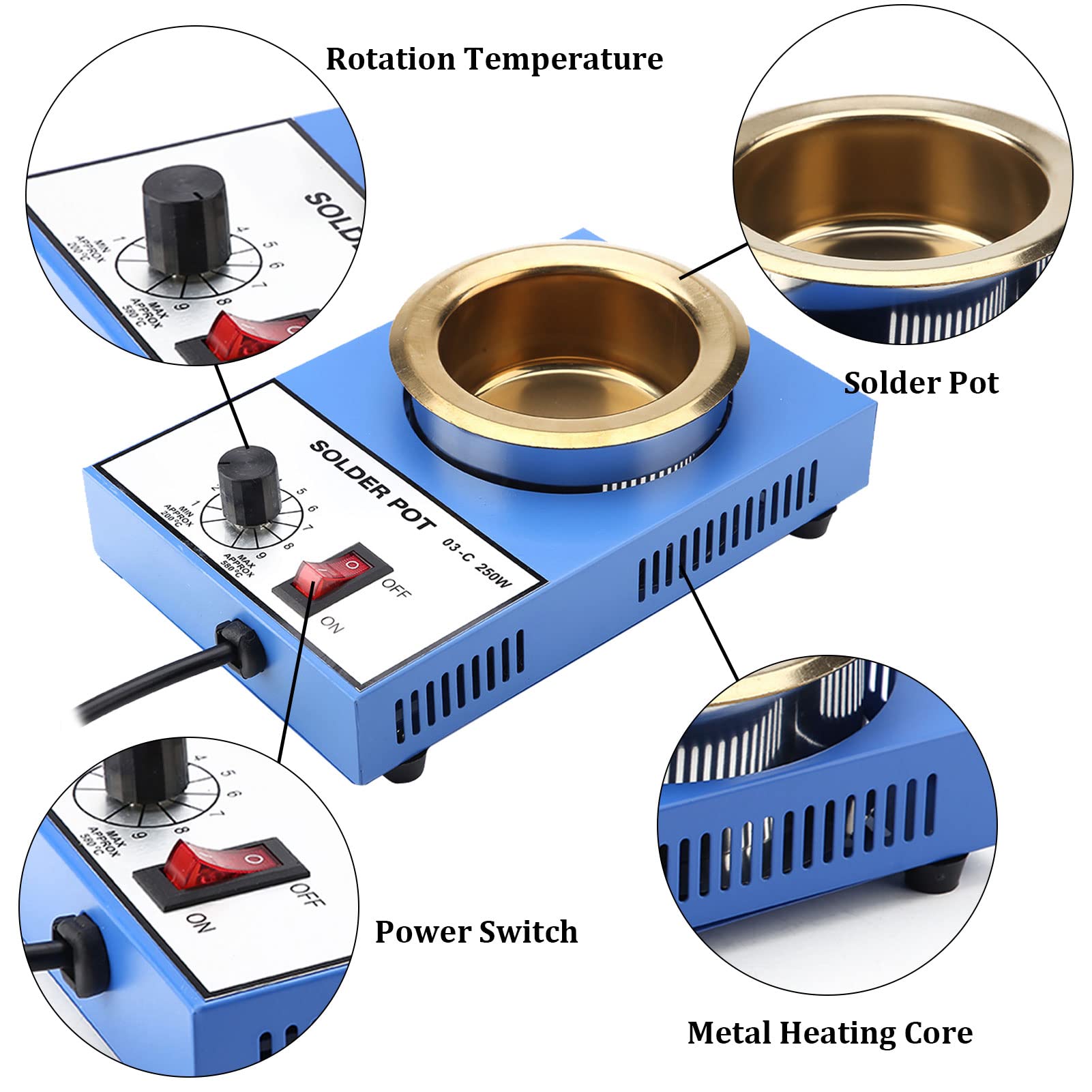 Vaso Saldatore 220V 250W - Pentola Stagno 100mm, Temperatura Regolabile 200-580&deg;C