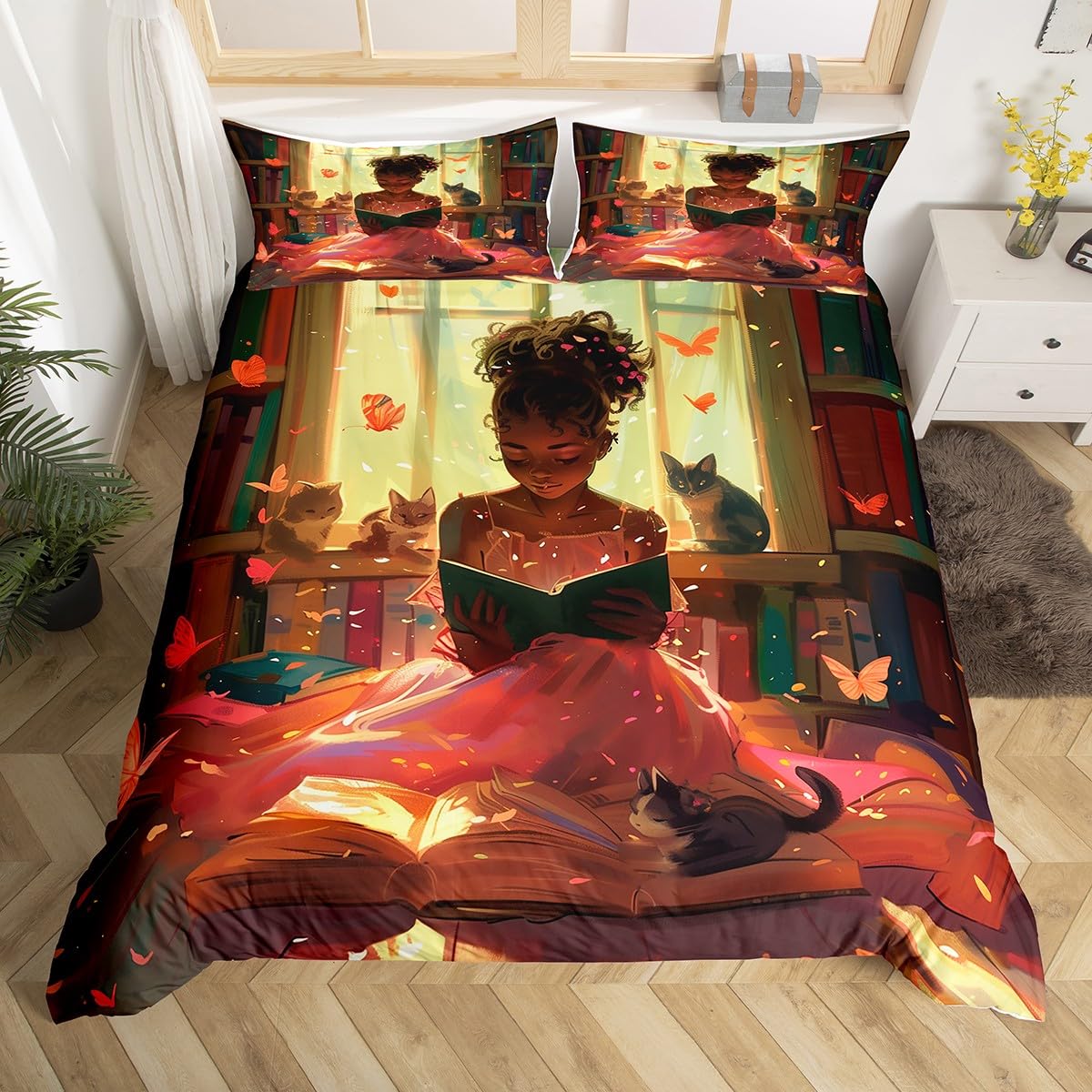 Black Cute Girl Duvet Cover Set Super King Size, Girl Reading Theme Comforter Cover, Cat Butterfly Girl Bedding Set for Kids Princess Women Bedroom Decor, Lightweight Bedspread Cover, 2 Pillowcases