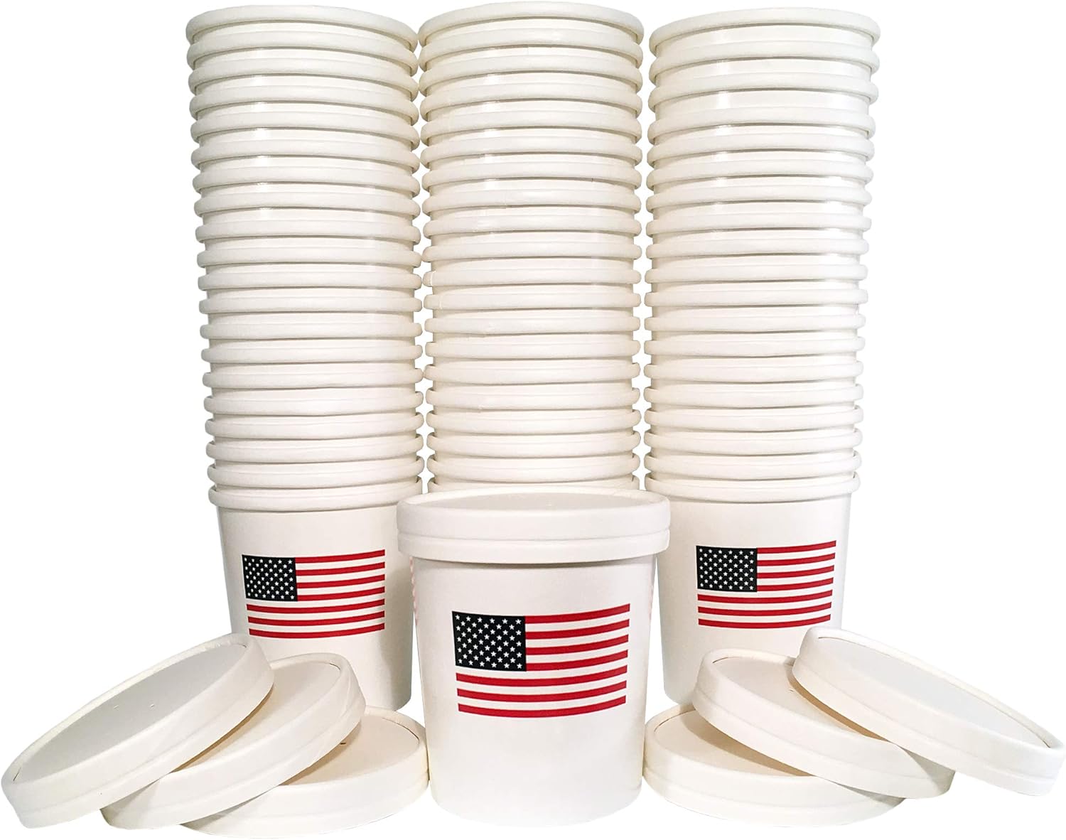 American Flag Disposable Patriotic Paper Cup with Lid | Take Out, Soup, Ice Cream, To-Go (60 pack, 16 oz/pint)