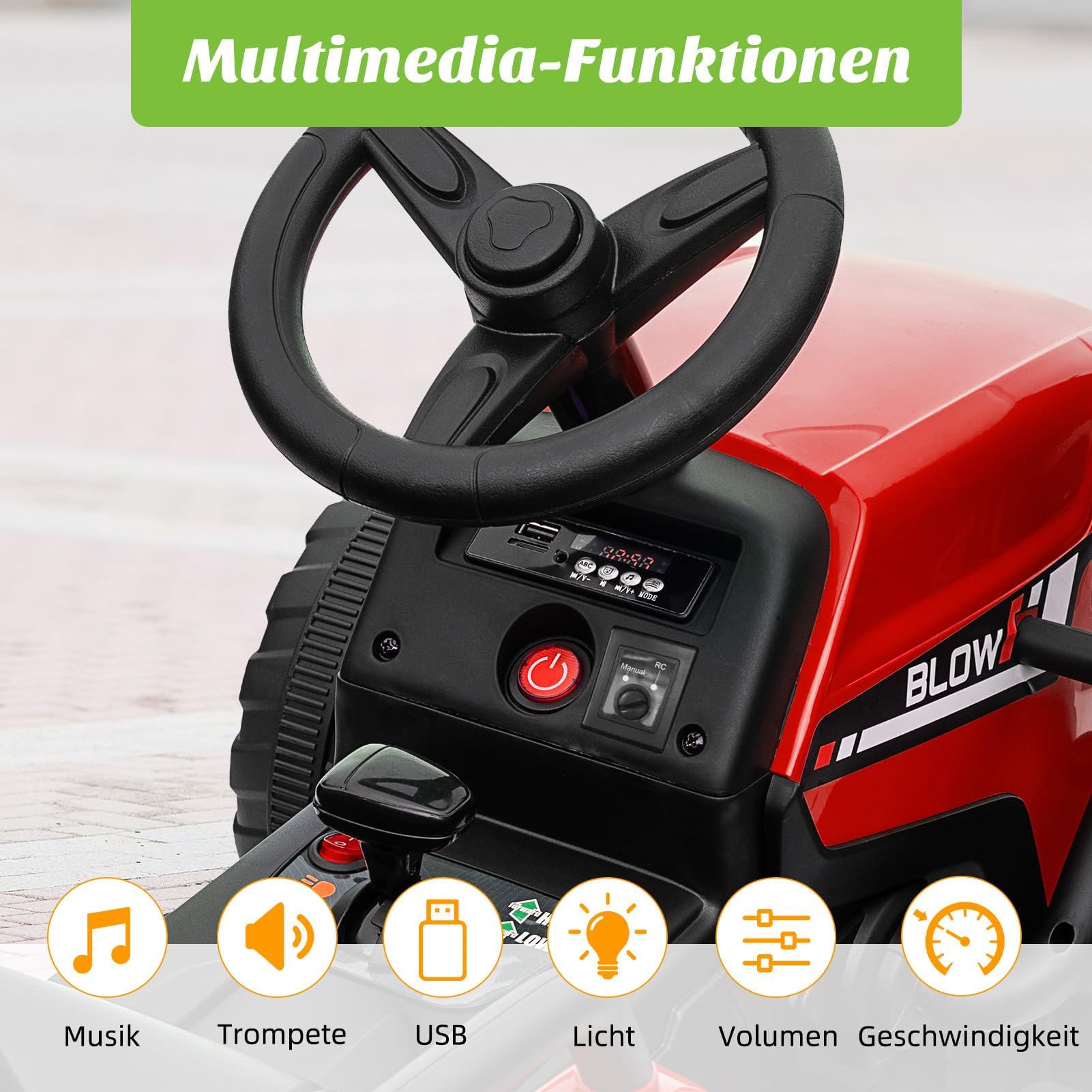 12V Tracteur électrique Enfants, avec Remorque Amovible, Voiture électrique Enfants pour 3 à 8 Ans, avec Télécommande, Musique & MP3, 3 Vitesses, Rouge