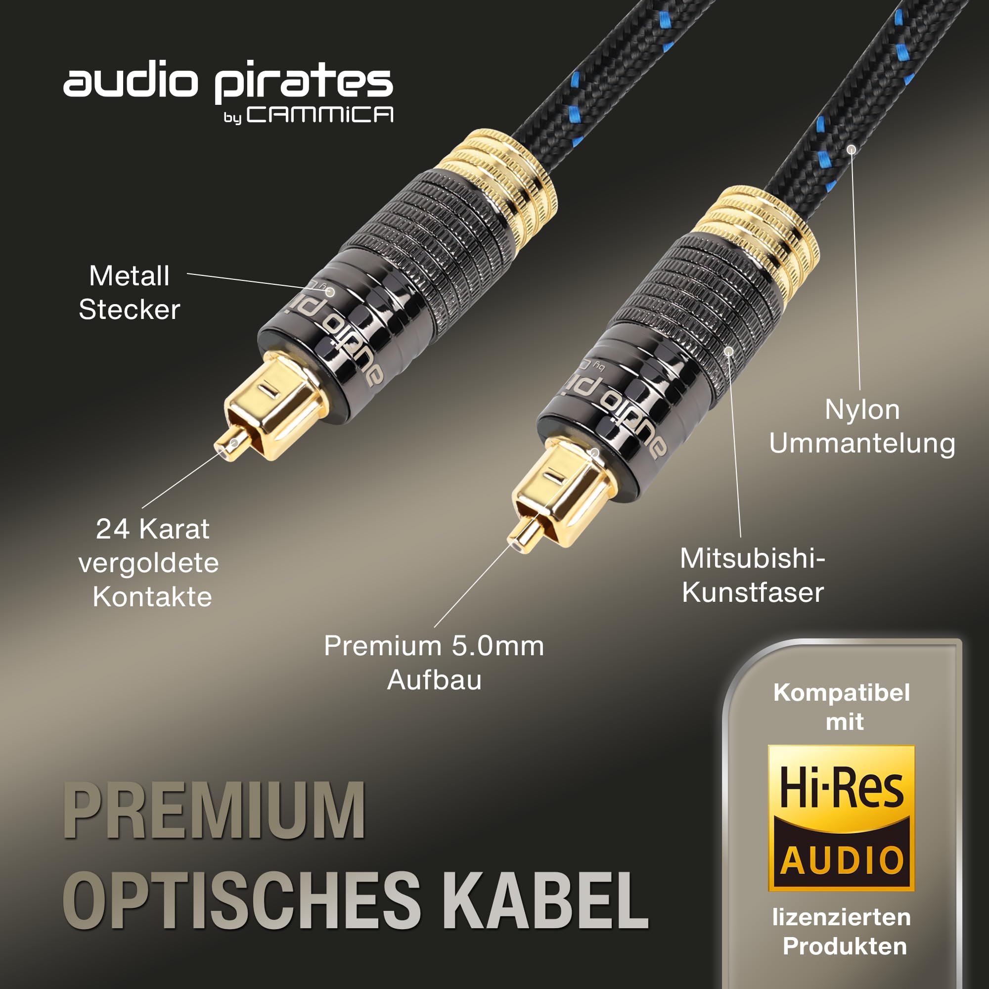 audio pirates Câble audio optique Toslink & câble numérique – Câble optique et Spdif 24 K plaqué or, boîtier en métal OD 5,0 mm, noir/bleu (lot de 2 – 10 mètres)