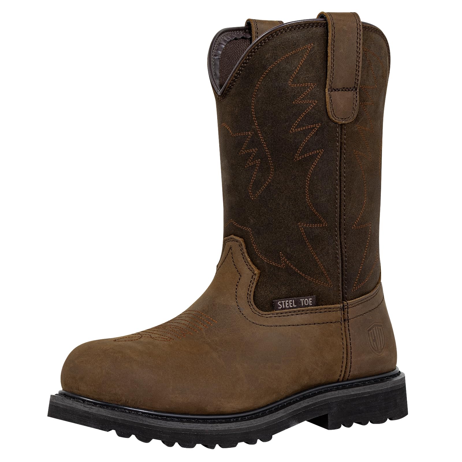 Men's Western Steel Toe Work Boots Round Toe Leather Cowboy Boots for Construction Farming Riding Ranch Botte Travail Homme Brown